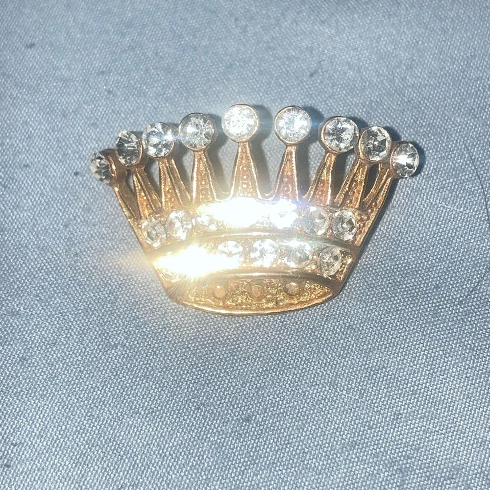 Gold Crown Rhinestone Brooch - Gold & Clear - Picture 1 of 4